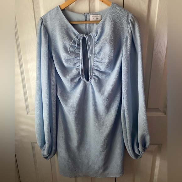SABO Azure Light Blue Textured Crepe Silk Blend Keyhole Puff Sleeve Mini Dress L - Picture 3 of 12
